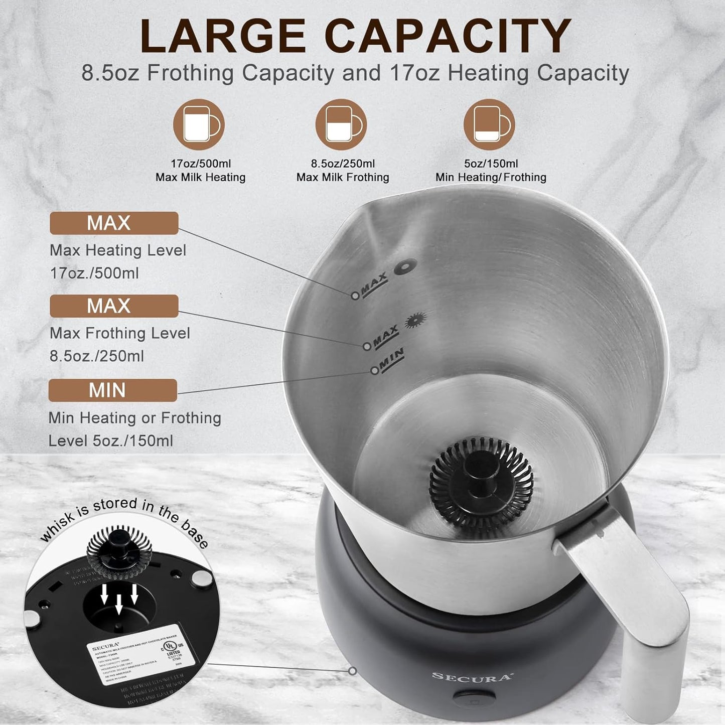 Secura 17oz Detachable Milk Frother and Steamer, Stainless Steel Electric Hot/Cold Foam Maker for Lattes, Cappuccinos & Hot Chocolate, Upgraded 2-in-1 Whisks, Non-Stick & Teflon-Free Design