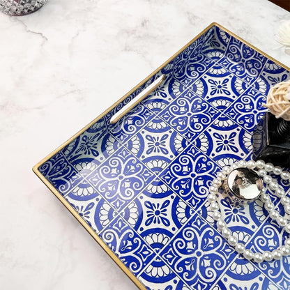 Serving Tray with Handles, Rectangular Decorative Trays for Coffee Table, Plastic Ottoman Tray for Living Room, Decor, Boho Blue, 15.7”*11.8”*1.6"