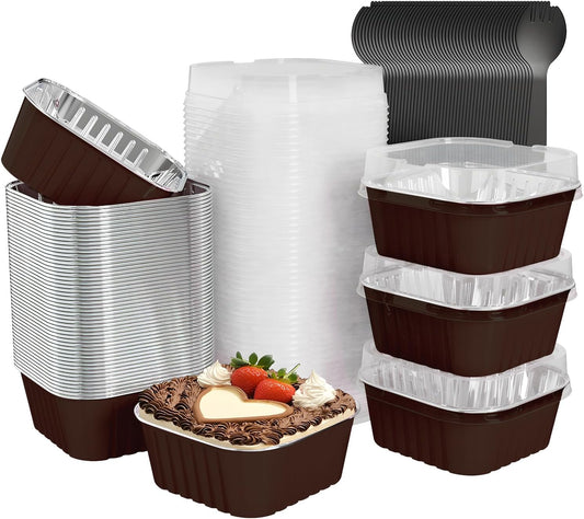 50 Pack Square Mini Cake Pans with Lids,Mini Loaf Pans with Lids,Aluminum Foil Baking Cups,Disposable Ramekins Cupcake Cups,Dessert Cups for Wedding Birthday Party Picnics,5oz (Coffee)