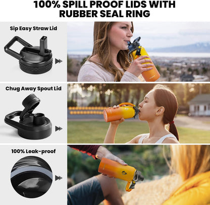 Insulated Water Bottle 32 oz, Triple Wall Vacuum Stainless Steel (Cold for 48 Hrs), Leak Proof & Non-BPA, Modern Water Flask Jug with Paracord Handle & Straw Spout Lids, Ombre Orange