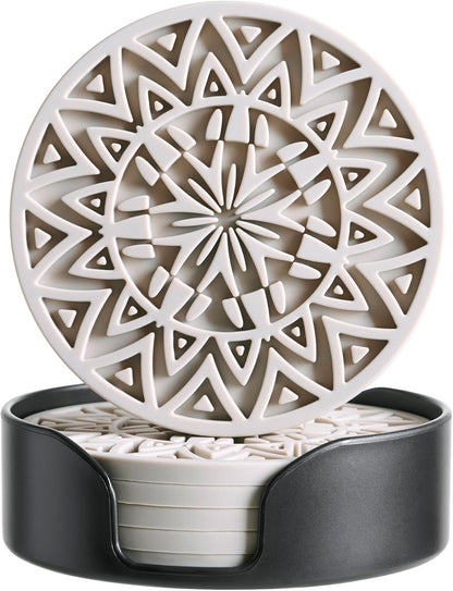 Set of 6 Light Taupe Silicone Coasters with Holder, Drink Coasters with Tribal Pattern Shape- for Table Protection, Anti Slip, Nonstick, Heat Resistant, Deep Tray