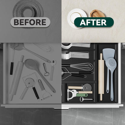 Bamboo Drawer Organizer, Extra Large Silverware Organizer for Kitchen Drawer, Stackable Utensil Organizer, 2 Pcs Toilet Tank Topper Tray, Wooden Toilet Paper Basket (Black, 17 X 6 X 2 Inch)