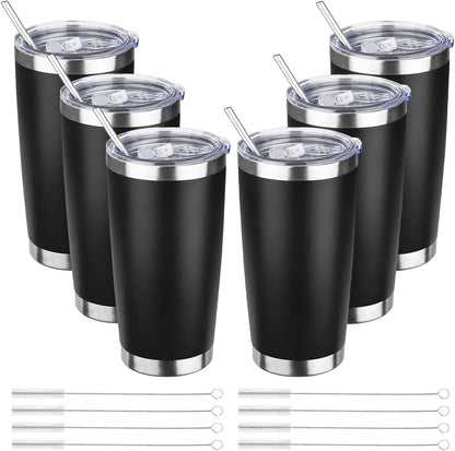20oz Tumbler Bulk with Lid and Straw, Stainless Steel Double Wall Vacuum Insulated Travel Mug, Powder Coated Coffee Cups for Hot and Cold Drinks,Funny Gifts for Women Men(Black,6)