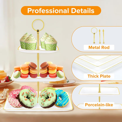 Hoedia 3 Tier Cupcake Stand Tower, Plastic White Cup Cake Holder for Dessert stands, Tiered Serving Tray for Tea Party, Birthday Party, Wedding Decor and Baby Shower(Square)