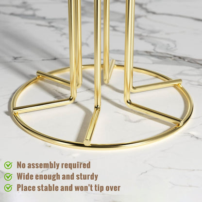 HULISEN Mug Holder for Large Cups, Mug Tree for Counter with 6 Hooks, Metal Coffee Mug Stand for Easy Pick, Place and Display, Coffee Bar Accessories and Decor, Free Standing Mug Rack, Gold