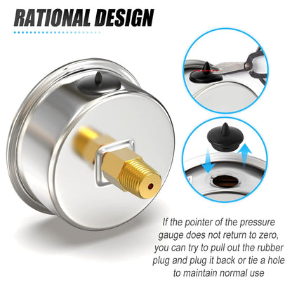 MEANLIN MEASURE -30inHG~60Psi Stainless Steel 1/8" NPT 2.5" FACE DIAL Vacuum Pressure Gauge, Center Back Mount, with 1/4" NPT and 3/8" NPT Hex Bushing