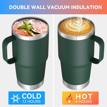 VEGOND 20 oz Tumbler Bulk with Handle Lid and Straw, Stainless Steel Insulated Travel Coffee Mug Set, Spill Proof Double Wall Metal Tumblers Cups, Dark Green 12 Pack