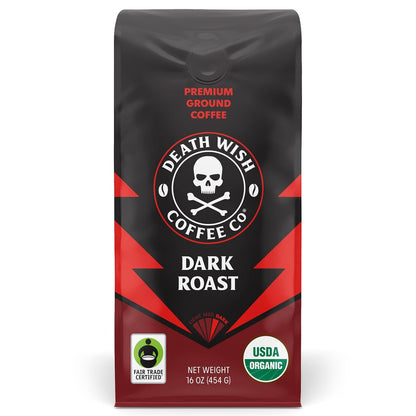 Death Wish Coffee, Organic and Fair Trade Dark Roast Ground Coffee, 16 oz