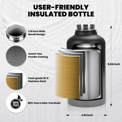 Insulated Water Bottle 64 oz, Triple Wall Vacuum Stainless Steel (Cold for 48 Hrs), Leak Proof & Non-BPA, Half Gallon Water Flask Jug with Paracord Handle & Straw Spout Lids, Dark Gray