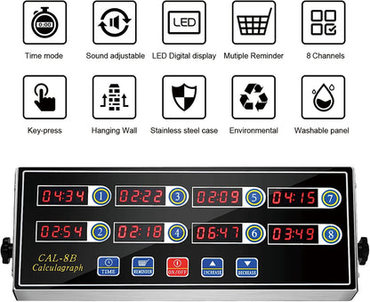 Kitchen Timers for Cooking, 8 Channel, Commercial Grade, Stainless Steel, LED Digital, Loud Alarm,