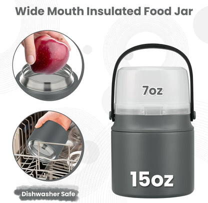 2-in-1 Insulated Food Jar & Snack Container - 15oz Kids Soup Thermos for Hot Food with Handle and Spoon, Leak Proof Reusable Toddler Snack Box, Perfect for School & Travel, Grey