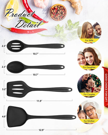 4 Pcs Silicone Kitchen Utensils Set, Wok Spatulas-Slotted Turner-Cooking Spoon-Slotted Spoon, Nonstick BPA Free High Heat Resistant Cooking Utensils for Frying, Mixing, Serving, Draining, Stirring