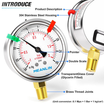 MEANLIN MEASURE -30inHG~30Psi Vacuum Pressure Gauge 1/4" NPT 2.5" FACE DIAL, Stainless Steel Liquid Filled Pressure Gauge WOG Water Oil Air Lower Mount (with 2PCS Snaps)
