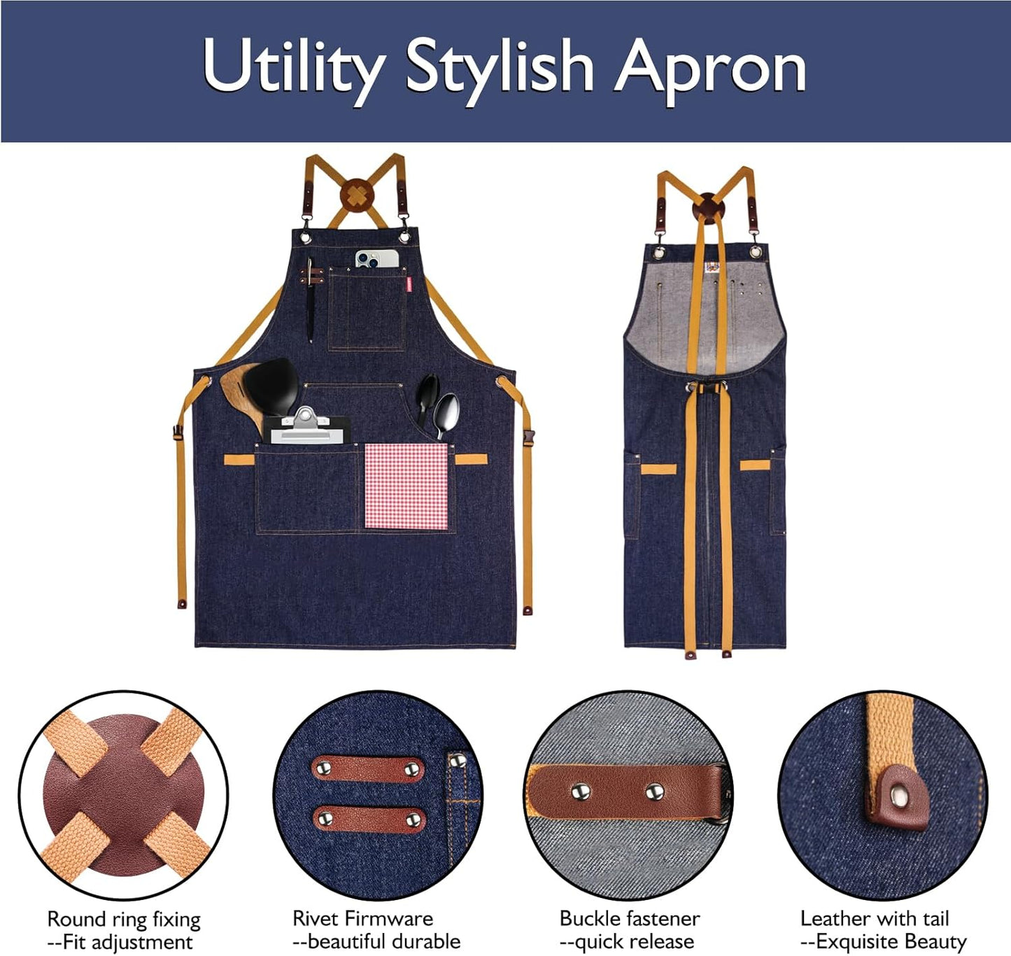 Kitchen Apron, Work Apron, Canvas, Multiple Pockets, Gardening, Painting, BBQ, Artist, Carpenter, Sizes M to XXL, Denim