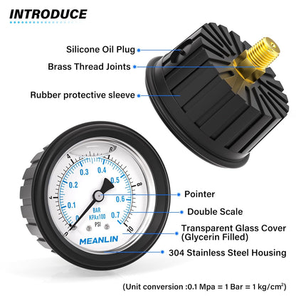 MEANLIN MEASURE 0~10Psi Stainless Steel Liquid Filled Pressure Gauge 1/4" NPT 2.5" FACE DIAL with Rubber Protective Sleeve, Center Back Mount