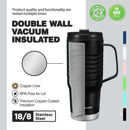 HAUSHOF 24 oz Travel Mug with Handle, Stainless Steel Vacuum Insulated, Double Wall with Leakproof Lid, BPA Free