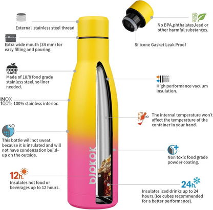BJPKPK 17oz Insulated Water Bottles Stainless Steel Sports Water Bottles Keep Cold and Hot for Travel Dishwasher Safe,Rainbow