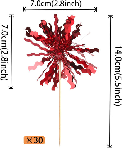 30 PCS Foil Firework Cupcake Toppers Sparkle Tinsel Cupcake Picks Happy Birthday Cake Toppers Drink Stirrers Cocktail Food Fruit Toothpicks for Baby Shower Birthday Party Decorations Supplies Red