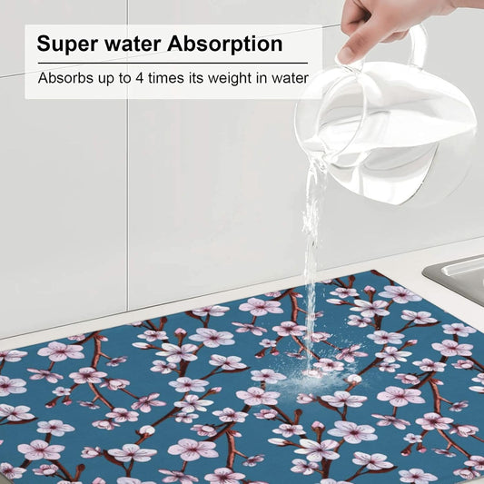 Cherry Blossom Dish Drying Mat, Branch Floral Microfiber Absorbent Drying Mats Reversible Kitchen Countertop Protector Dishes Drainer Rack Pad 18x24 Inch (Blue)