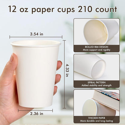 210 Count 12 oz Coffee Cups, White Paper Cups 12 oz for Water Juice or Tea, Perfect for Office Home Party