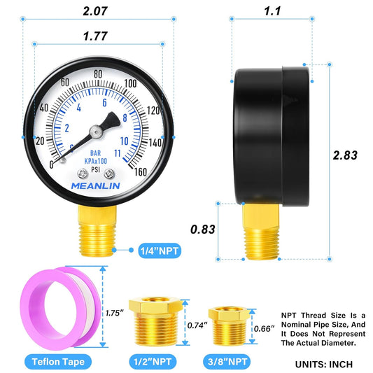 MEANLIN MEASURE 0-160Psi 2" DIAL FACE 1/4" NPT Well Pump Pressure Gauge, with 1/2" NPT and 3/8" NPT Hex Bushing, 3-2-3% Accuracy, Lower Mount