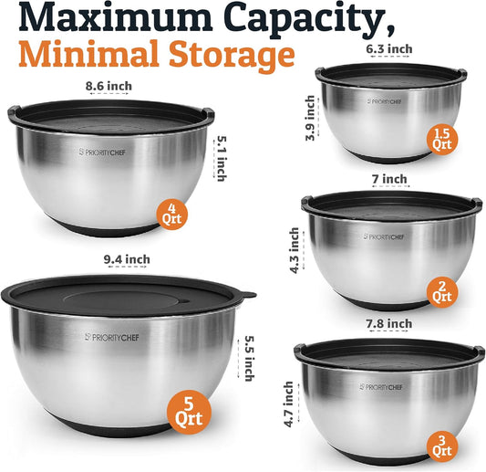Priority Chef Stainless Steel Mixing Bowls with Lids Set, 3 Grater Attachments, Airtight Lids, Non-Slip Silicone Base Mixing Bowl Set, Large Prep Metal Mixing Bowls for Kitchen, Black