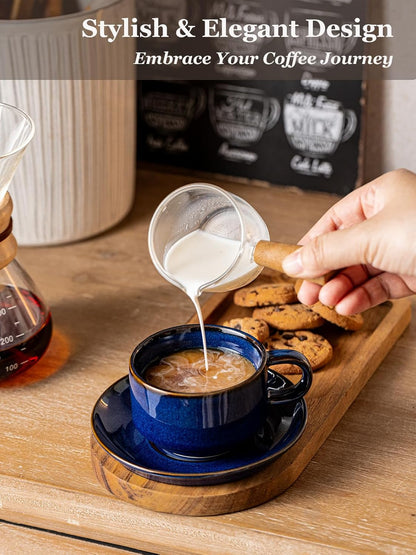 Gomakren 6 Ounce Cappuccino Cups with Saucers and Metal Stand, Stackable Coffee Cup Set of 4, Porcelain Espresso Cups for Coffee Drinks, Cappuccino, Latte, Americano, Tea, Cobalt Blue