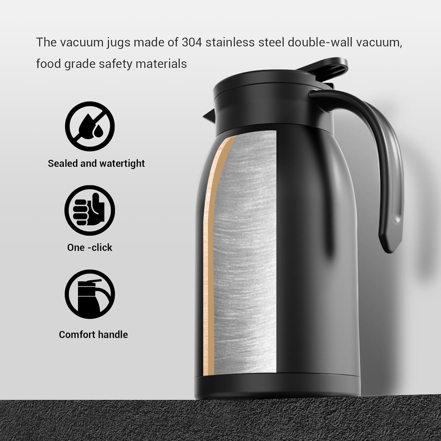 41 Oz Thermal Coffee Carafe Stainless Steel Insulated Thermos Double Wall Vacuum Flask Leak-Proof Thermos for Travel Office School Party Camping Use Black