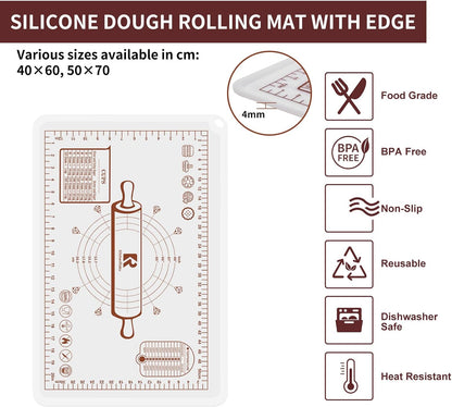 Silicone Baking Mat, Extra Thick Dough Rolling Pad with Measurements and Edge Heightening, Non-stick Food Grade Silicone Pastry Mat for Pastry, Bread, Cookies (Transparent, 16"L x 24"W)