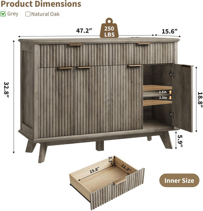 QUW Fluted Buffet Sideboard Cabinet with Storage, 47.2" Kitchen Cabinet with Drawers and Adjustable Shelves, Modern Coffee Bar with Charging Station, for Dining Room, Living Room, Grey