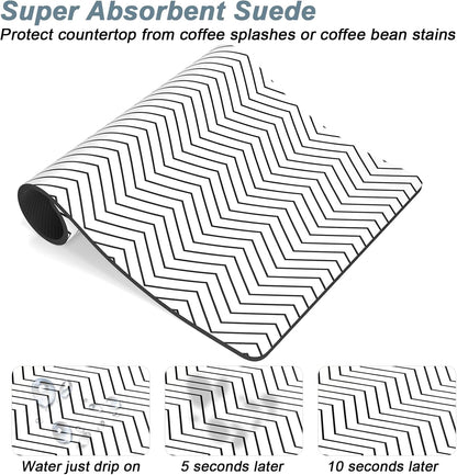Rnivvi Coffee Mat, 12" x 19" Cute Coffee Bar Mats for Espresso Machine Station Accessories and Organizer, Hide Stain Rubber Backed Absorbent Dish Drying Pad for Kitchen Counter, White Strip