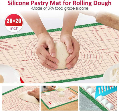 Pastry Baking Mat 28x20 Inch - Larger Silicone Baking Pastry Mat for Rolling Dough,Non Silp Silicon Dough Sheet Mat with Measurement,Perfect for Making Pie,Pizza(Green)