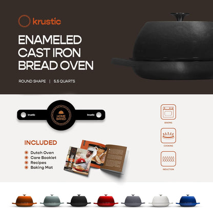 Enameled Cast Iron Dutch Oven for Sourdough Bread Baking | 6 Quart Pot with Lid | 10 Inch Ceramic Enamel Thick Coated Cookware Set with Non Stick Silicone Baking Mat for Cooking | 6 Qt |Black