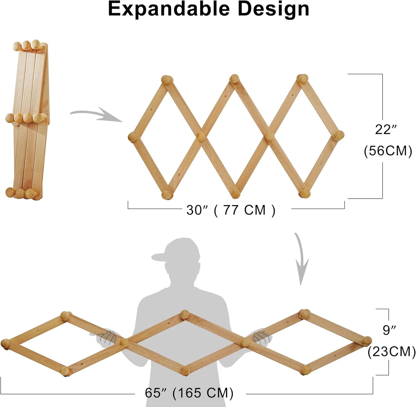 Dseap Expandable Coat Rack (Larger Version) - 24” High, Anti-Slip, Ultra Heavy Duty Wooden Accordian Wall Hanger with 10 Study Peg Hooks for Clothing Hats Jackets Bags, Grey
