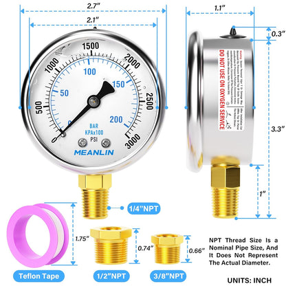 MEANLIN MEASURE 0~3000Psi Stainless Steel 1/4" NPT 2.5" FACE DIAL Liquid Filled Pressure Gauge WOG Water Oil Air Lower Mount, with 1/2" NPT and 3/8" NPT Hex Bushing