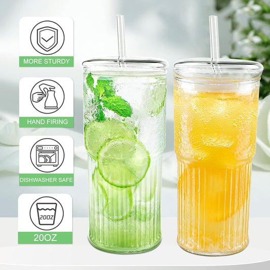 Glass Cups with Lids and Glass Straws, High Borosilicate 20OZ Tumblers (2Pcs) for Coffee, Tea, Juice, Smoothies, Hot/Cold Drinks at Home, Office