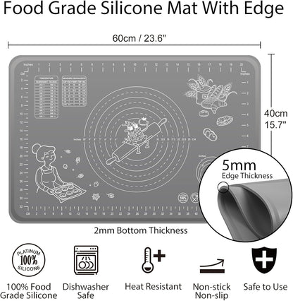 Silicone Baking Mat 24" x 16" Extra Thick Non-stick Pastry Mat with Measurements and Edge Heightening, Food Grade Silicone for Countertop Dough Rolling Making Bread, Cookies, Pizza, Fondant, Pasta