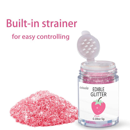 Pink Edible Glimmer Powder Glitter - Colaele 5 grams Food-Grade Luster Dust Metallic Fancy Food Decorating Sprinkle Glimmery Brew Dust for Cake Decorations Drinks Wine Beverage Candy Dessert, Vegan