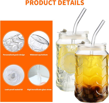 Jiuchen 4-Pack 18oz Borosilicate Glass Cups with Leakproof Lids & Straws,Multi-Use Tumblers for Office and Home - Iced Coffee, Smoothies, Cocktails, Juice, Iced Tea & Protein Shakes, Dishwasher Safe