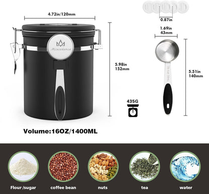 Coffee canister for ground coffee with Scoop Date Tracker One Way Co2 Valve 304 Stainless Steel Kitchen Food Airtight storage container for Coffee Beans,Grounds,Tea,Sugar (Silver, 16oz)