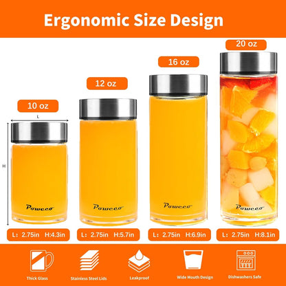 10oz Glass Juice & Water Bottles 4-Pack with Lids- Wide Mouth Reusable Borosilicate Glass- for Juicing, Smoothies, Protein Shakes, Blender & Shaker Bottle- Refillable & Dishwasher Safe(10 oz/300ml)