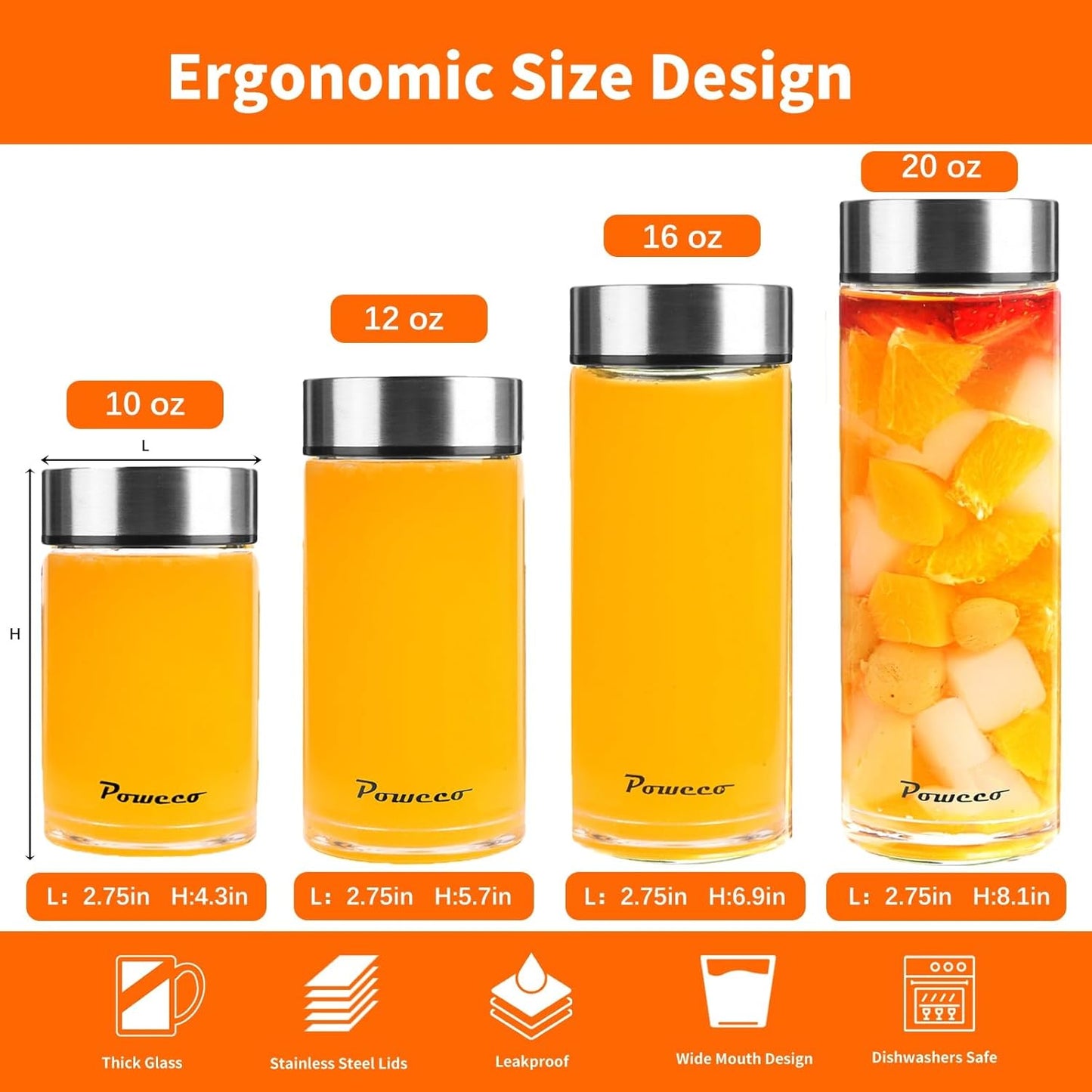 12oz Glass Juice & Water Bottles 6-Pack with Lids- Wide Mouth Reusable Borosilicate Glass- for Juicing, Smoothies, Protein Shakes, Blender & Shaker Bottle- Refillable & Dishwasher Safe(12 oz/400ml)