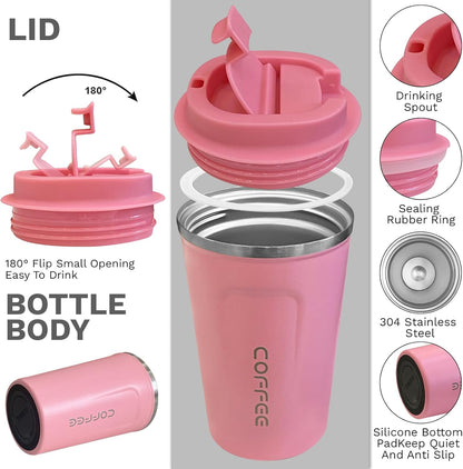 YINBAOGE Insulated Travel Coffee Mug Spill Proof Leak Proof Pobtable To Go Camping Stainless Steel Coffee Tumbler Reusable Coffee Cups with Lids Thermos for Hot and Cold Drink (2nd-Pink, 17 OZ)