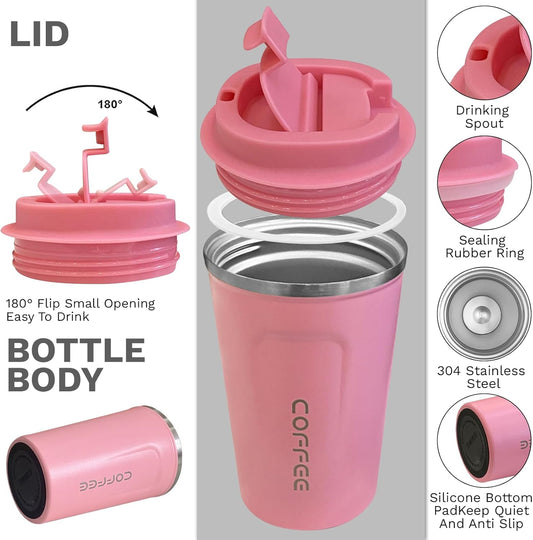 YINBAOGE Insulated Travel Coffee Mug Spill Proof Leak Proof Pobtable To Go Camping Stainless Steel Coffee Tumbler Reusable Coffee Cups with Lids Thermos for Hot and Cold Drink (2nd-Pink, 17 OZ)