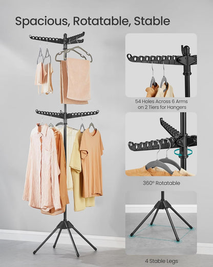 SONGMICS 2-Tier Clothes Drying Rack, 75.2-Inch Folding Laundry Drying Rack with 6 Rotatable Arms for Hangers, Stainless Steel, for 54 Pieces of Clothes, Black ULLR514B01