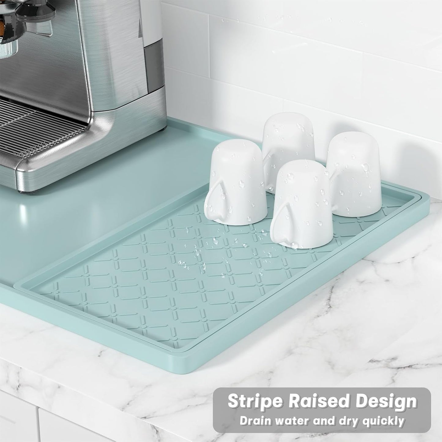Rnivvi Silicone Coffee Mat, 16" x 24" Waterproof Raised Edge Coffee Bar Mats for Espresso Machine Station Accessories, Heat Resistant Detachable Dish Drying Pad for Kitchen Counter, Shadow Green