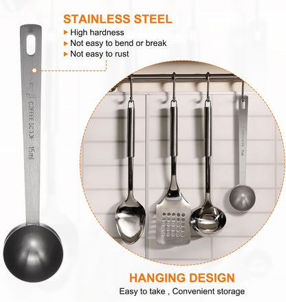 HARFINGTON 2pcs Coffee Scoop Spoon 1tbsp (3tsp, 15ml) 304 Stainless Steel Long Handle Teaspoon/Tablespoon Measuring Spoons Scoops for Tea Sugar Kitchen, Black