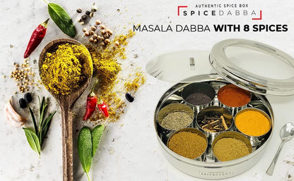 spice dabba Stainless Steel Indian Spice Box, Steel Masala Dabba, Double Lid Spice Container | Gift for Chefs | Size 8x8x2 In (Spice Box Only)