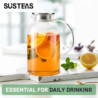 SUSTEAS 2.2 Liter 75oz Glass Pitcher with Lid, Easy Clean Heat Resistant Glass Water Carafe with Handle for Hot/Cold Beverages - Water, Cold Brew, Iced Tea & Juice, 1 Long-Handled Brush Included