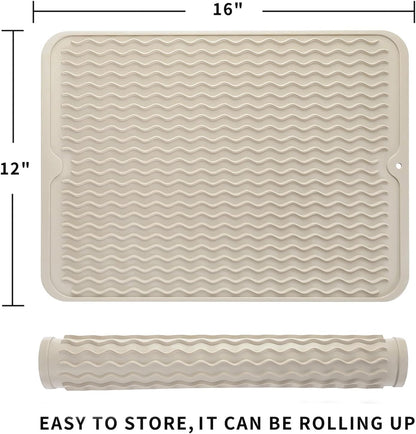 Silicone Dish Drying Mat for Multiple Usage,Easy clean,Eco-friendly,Heat-resistant Silicone Mat for Kitchen Counter or Sink,Refrigerator or drawer liner Tapioca L 16 inches x 12 inches